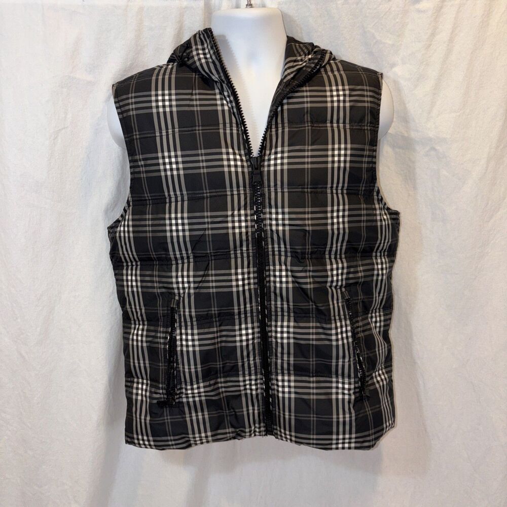 Gently Used Men’s Express Plaid Quilted Outerwear Hooded Vest Size Medium